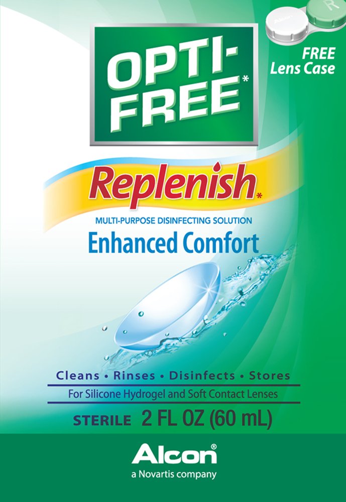 Front view of OPTI-FREE Replenish 2 oz bottles in six-pack