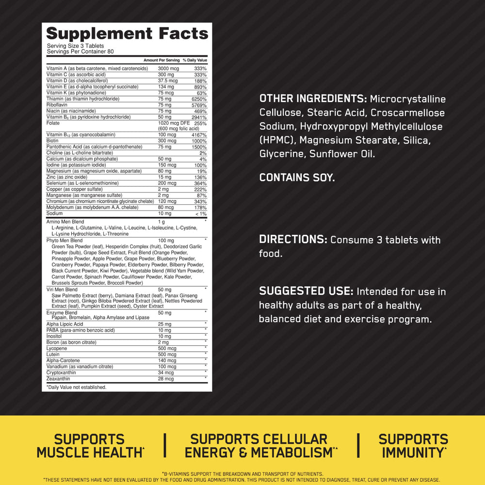 Opti-Men bottle highlighting immune-support vitamins C, D, and zinc