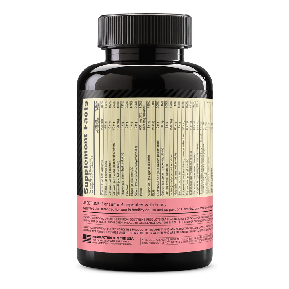 Graphic showing 23 essential vitamins and minerals in Opti-Women