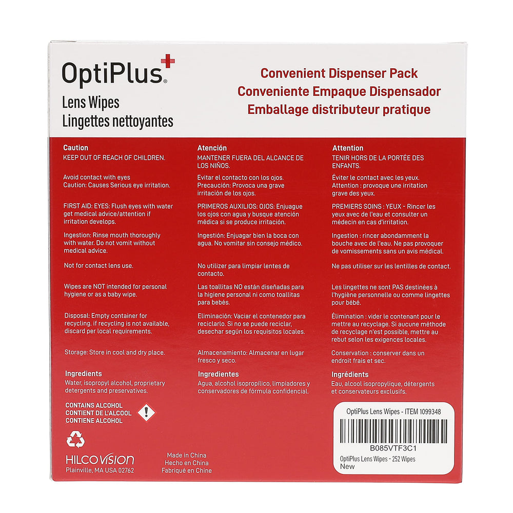 Display of OptiPlus lens wipes with quick-dry texture