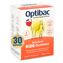 Optibac Probiotics Kids Gummies bottle with label highlighting vitamin D and calcium