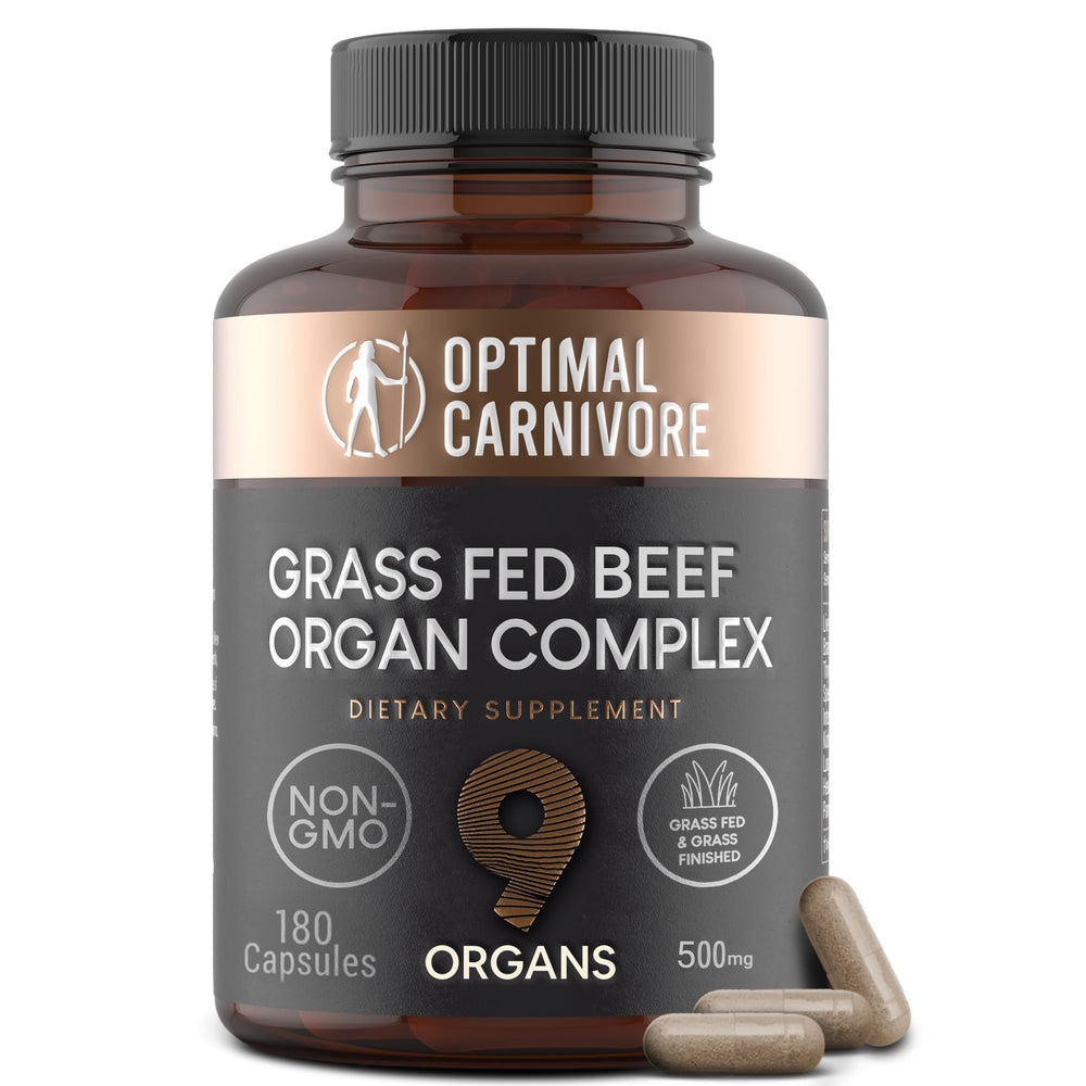 Optimal Carnivore 9-Organ Complex liver capsules image highlighting energy support and nutrient density