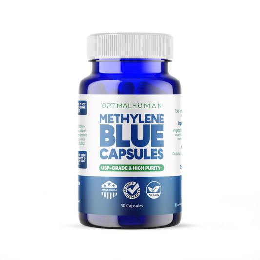 Bottle of Optimal Human Methylene Blue 10 mg capsules with Vitamin C