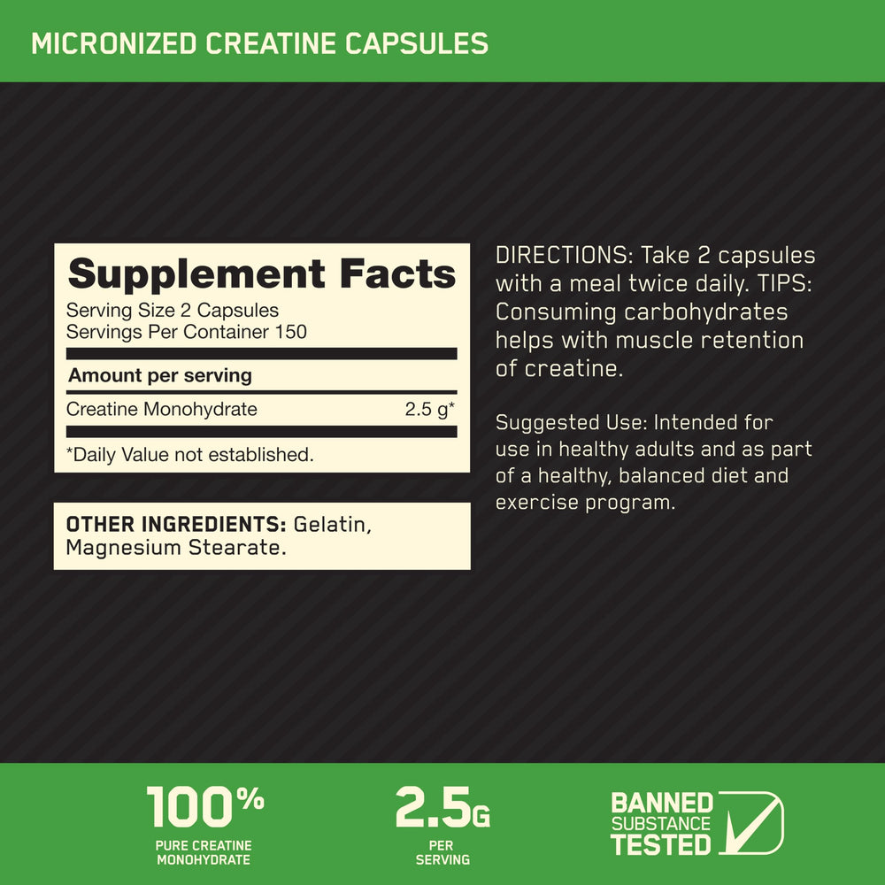 Optimum Nutrition Creatine 2500 capsules bottle close-up with label focus.
