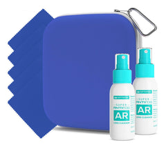 OPTIPAK Anti Fog Lens Cleaner Kit with blue neoprene pouch and two 1oz bottles
