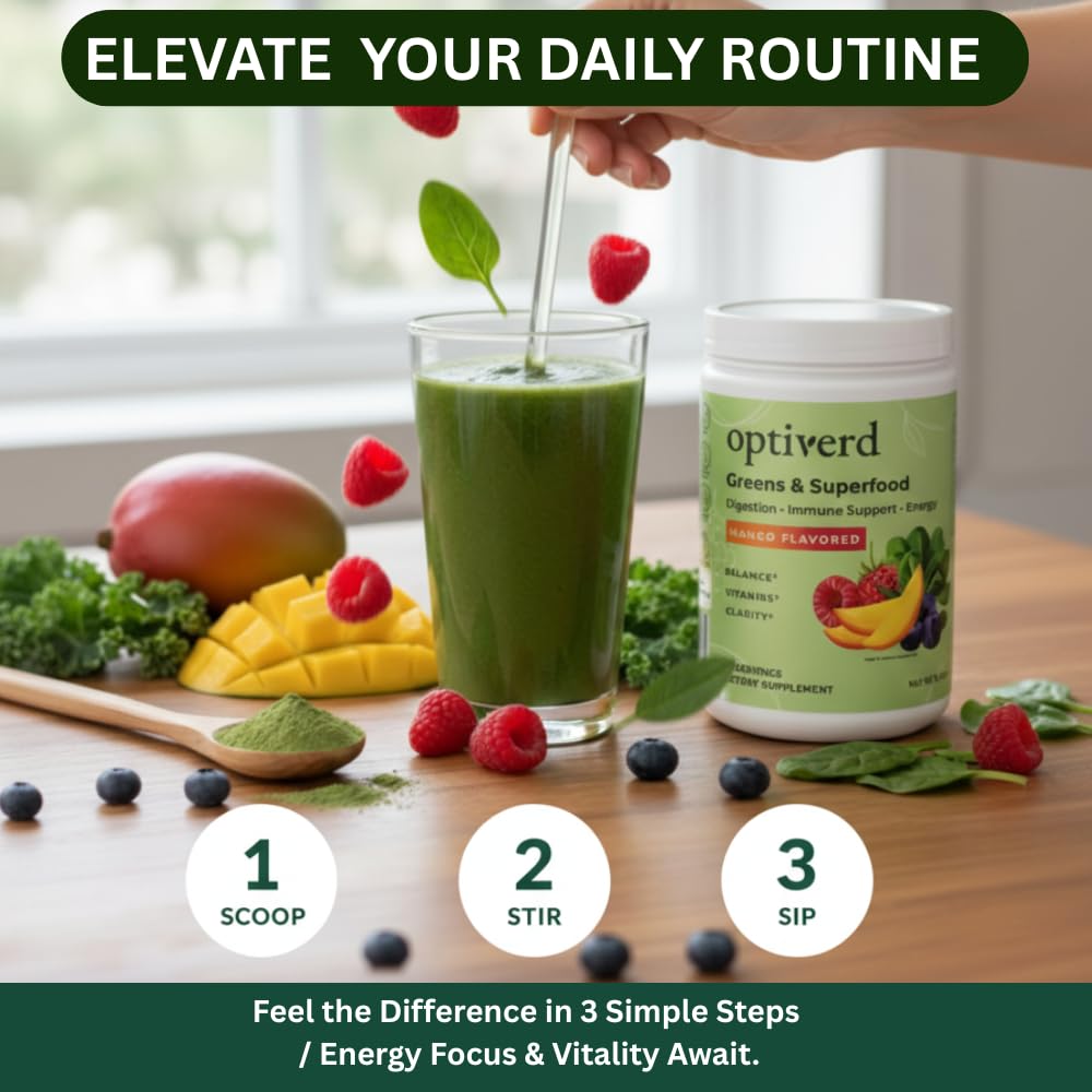 Organic greens, fruits, vegetables and herbs in OptiVerd Daily Greens
