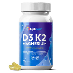 Front view of Optiwav D3 K2 Magnesium supplement bottle