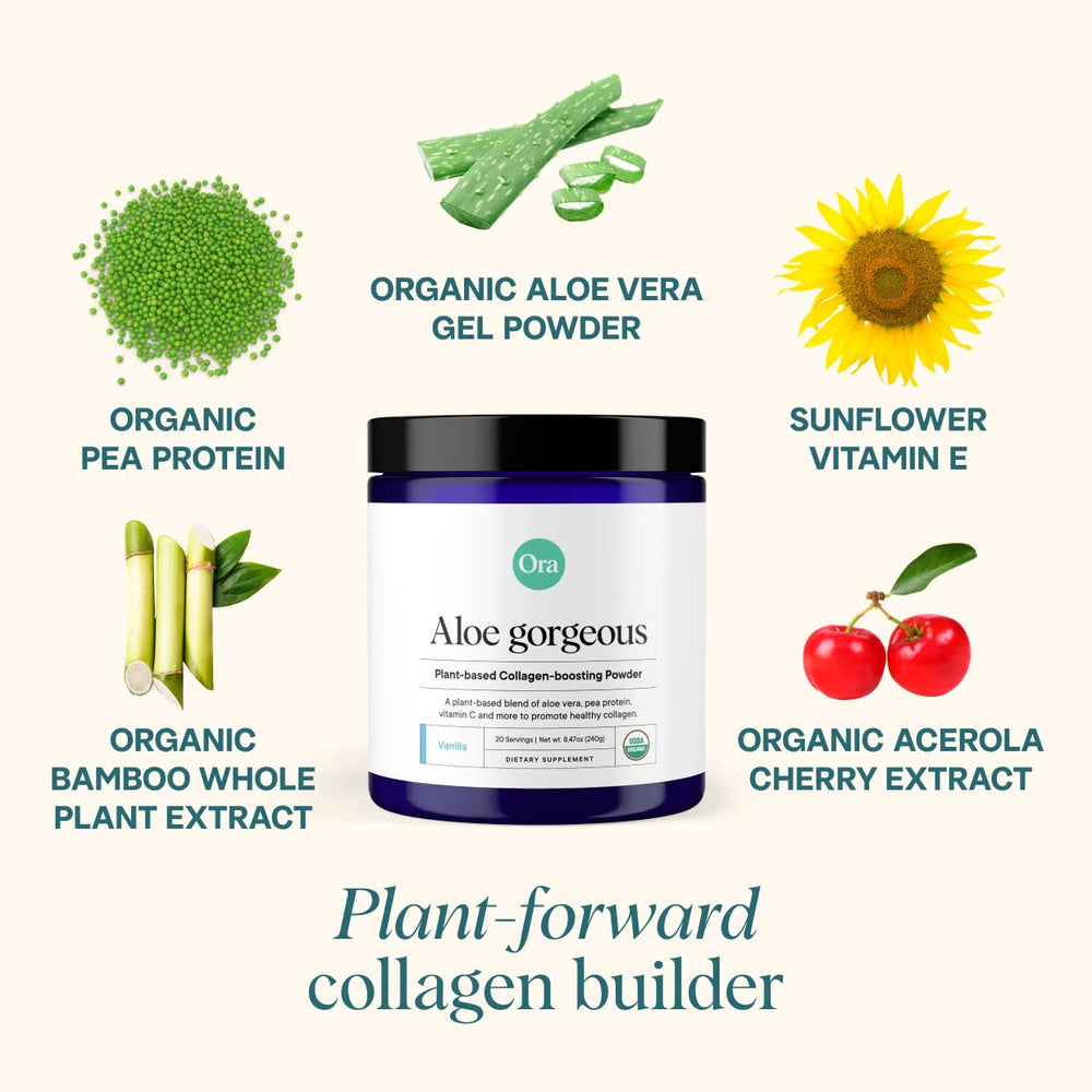 Aloe Gorgeous scoop beside blender for healthier hair and nails.