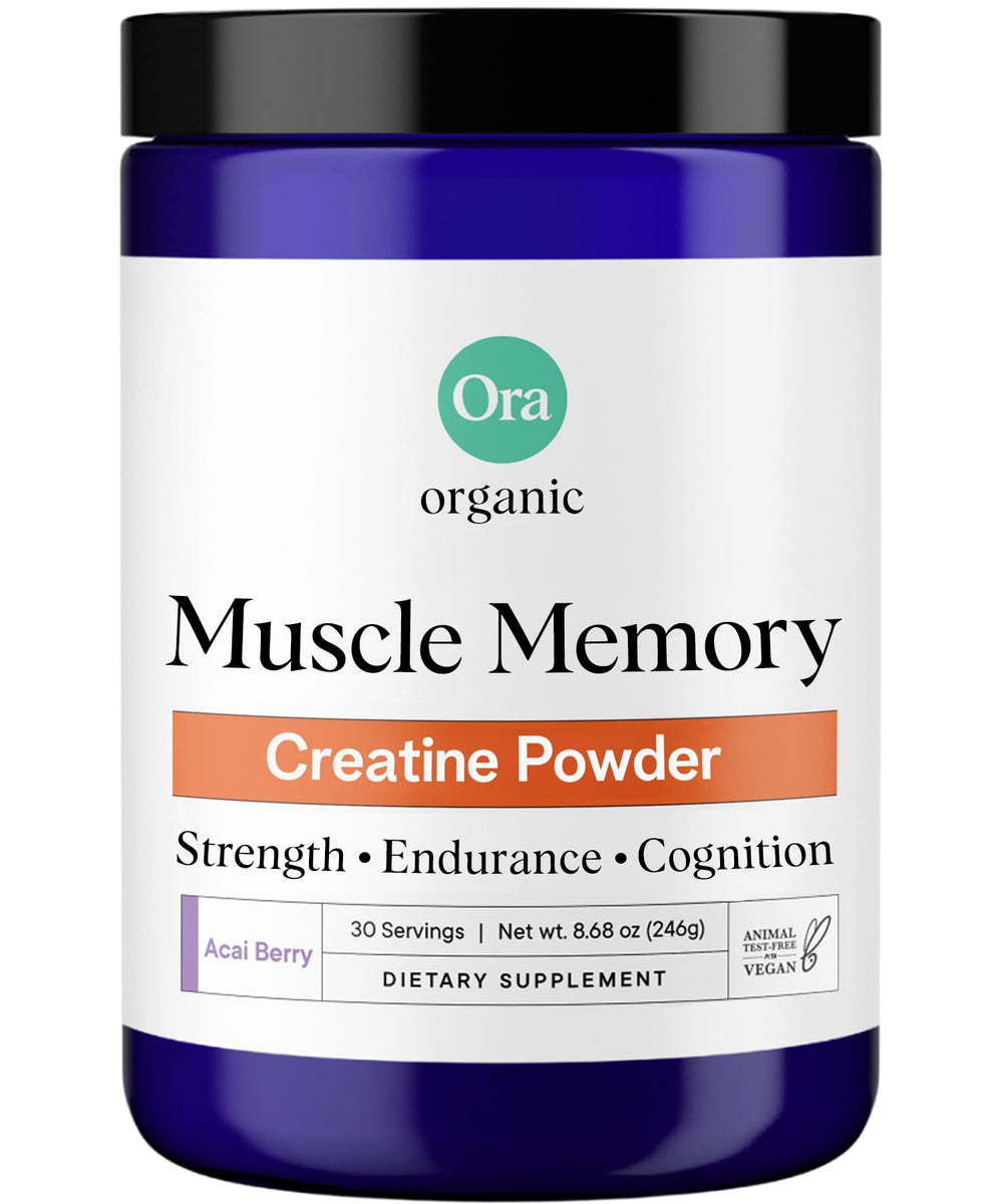 Label of Ora Organic Creatine Monohydrate Powder Acai Berry flavor showing 30 servings.