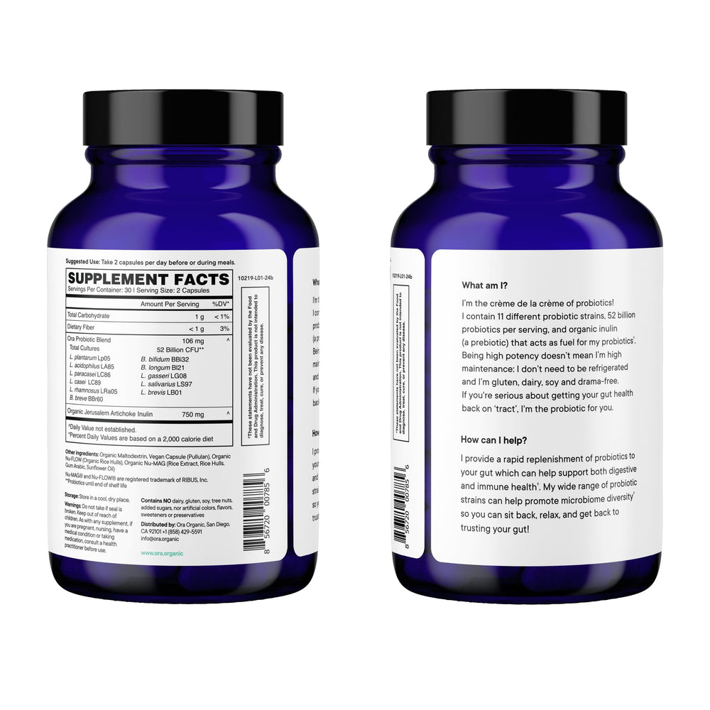 Product label highlighting organic blend on Ora Organic Probiotics