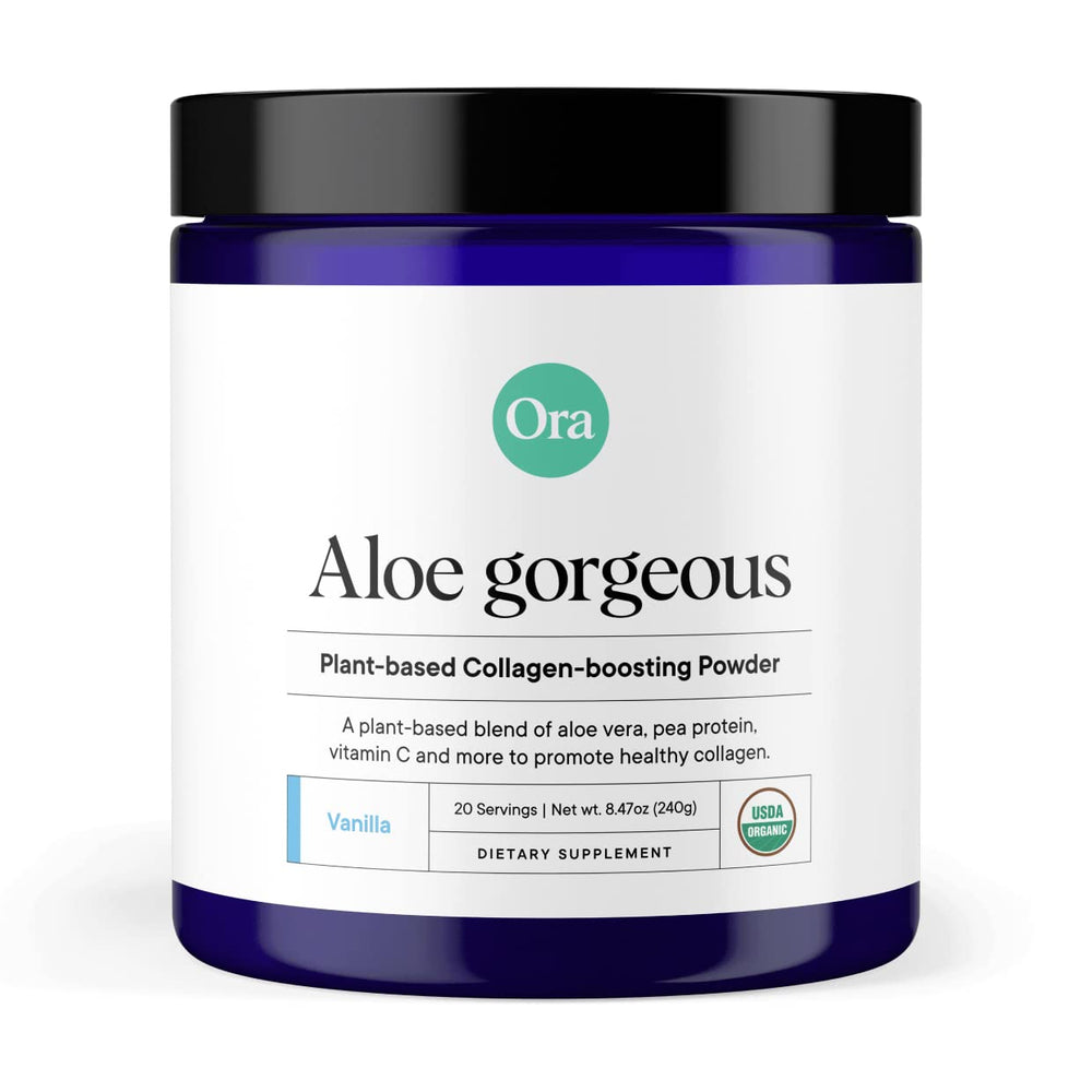 Ora Organic vegan collagen powder vanilla tub ready for daily smoothies.