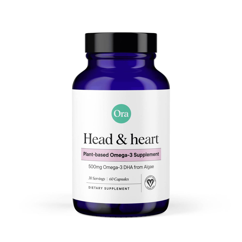 Ora Organic Omega-3 DHA 500mg algae-based supplement bottle with 60 capsules