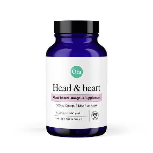 Ora Organic Omega-3 DHA 500mg algae-based supplement bottle with 60 capsules