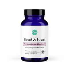 Ora Organic Omega-3 DHA 500mg algae-based supplement bottle with 60 capsules