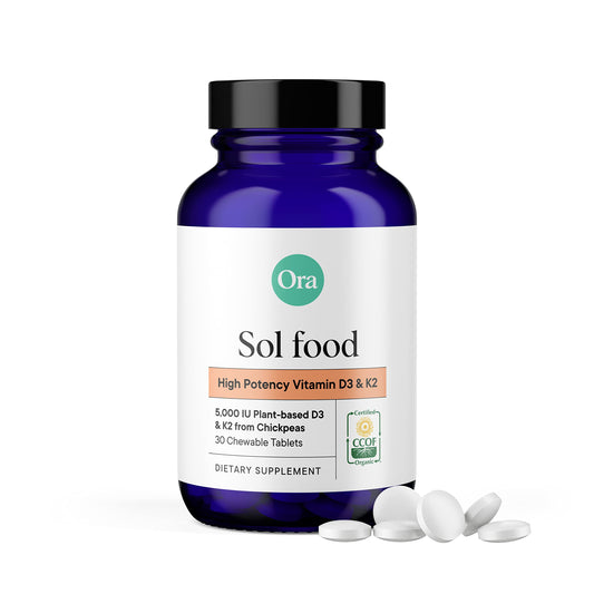 Front view of Ora Organic Vitamin D3 5000IU + K2 vegan chewables bottle