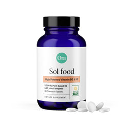 Front view of Ora Organic Vitamin D3 5000IU + K2 vegan chewables bottle