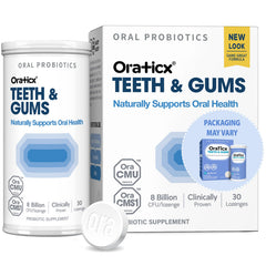 OraTicx Teeth & Gums oral probiotic bottle and 30 grape-flavored lozenges