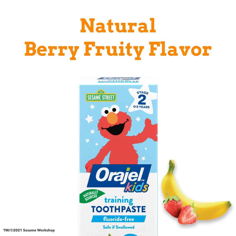 Berry flavor graphic on Orajel Elmo toothpaste packaging