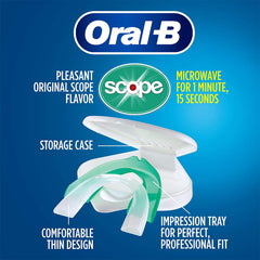 Person wearing Oral-B guard to reduce teeth grinding and nighttime jaw clenching.