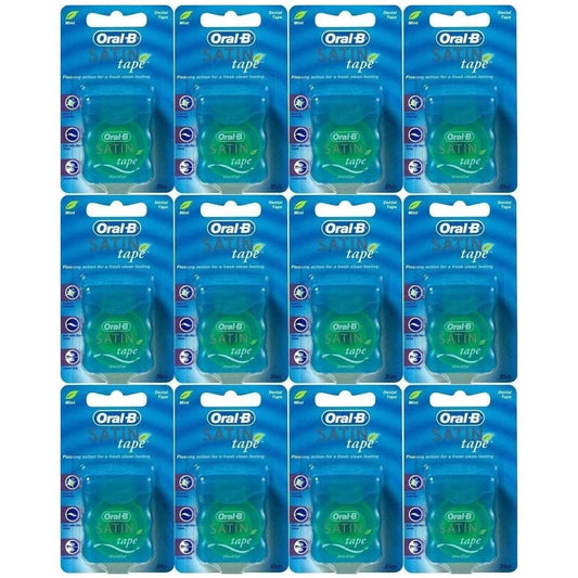 Oral-B Satin Tape floss 25m mint 12-pack packaging close-up