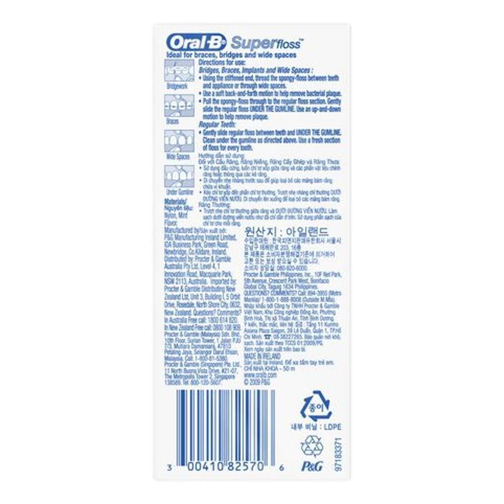 Close-up of Oral-B Super Floss Mint components: stiffened-end threader, spongy floss and regular floss