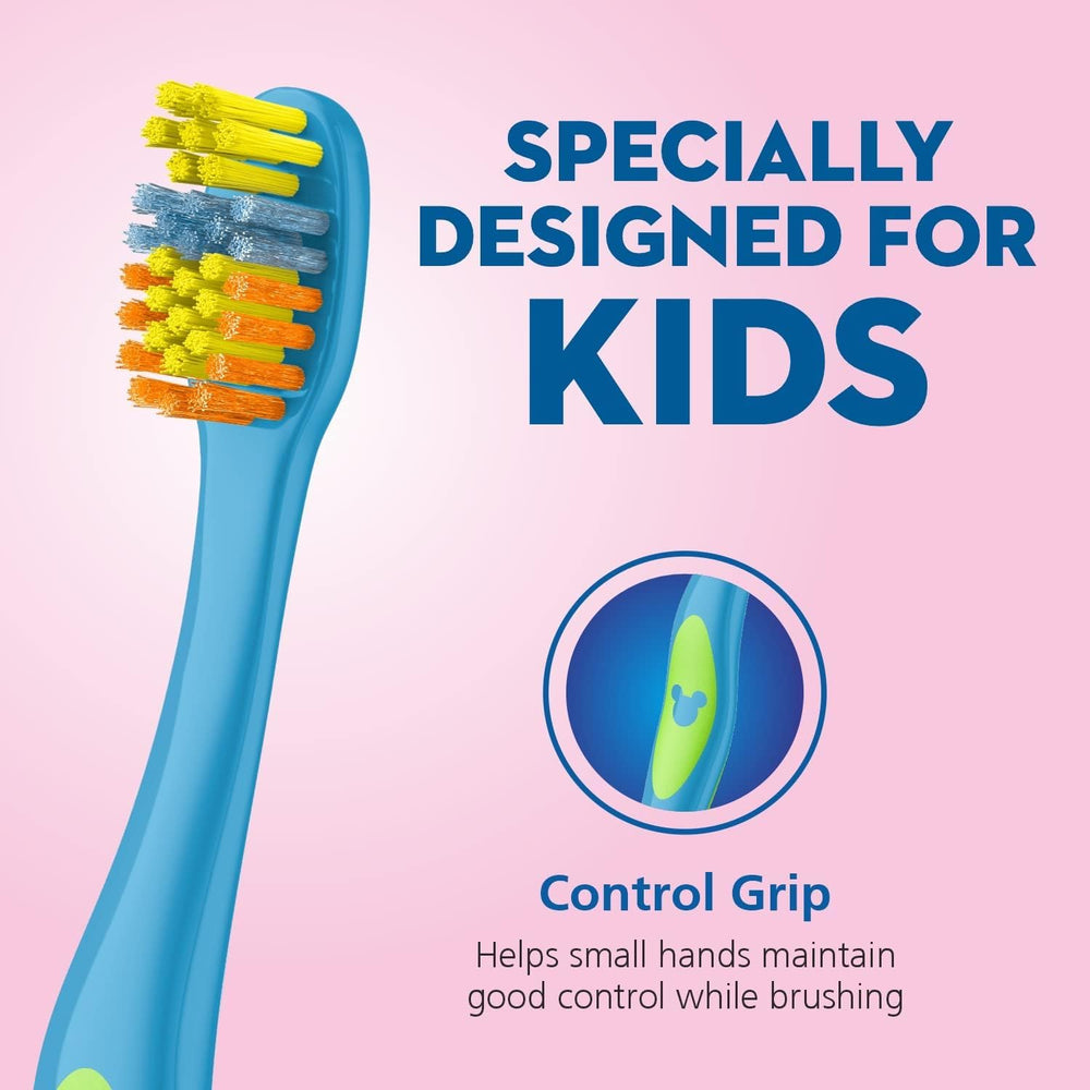 Pack of 3 kid-friendly toothbrushes with colorful designs