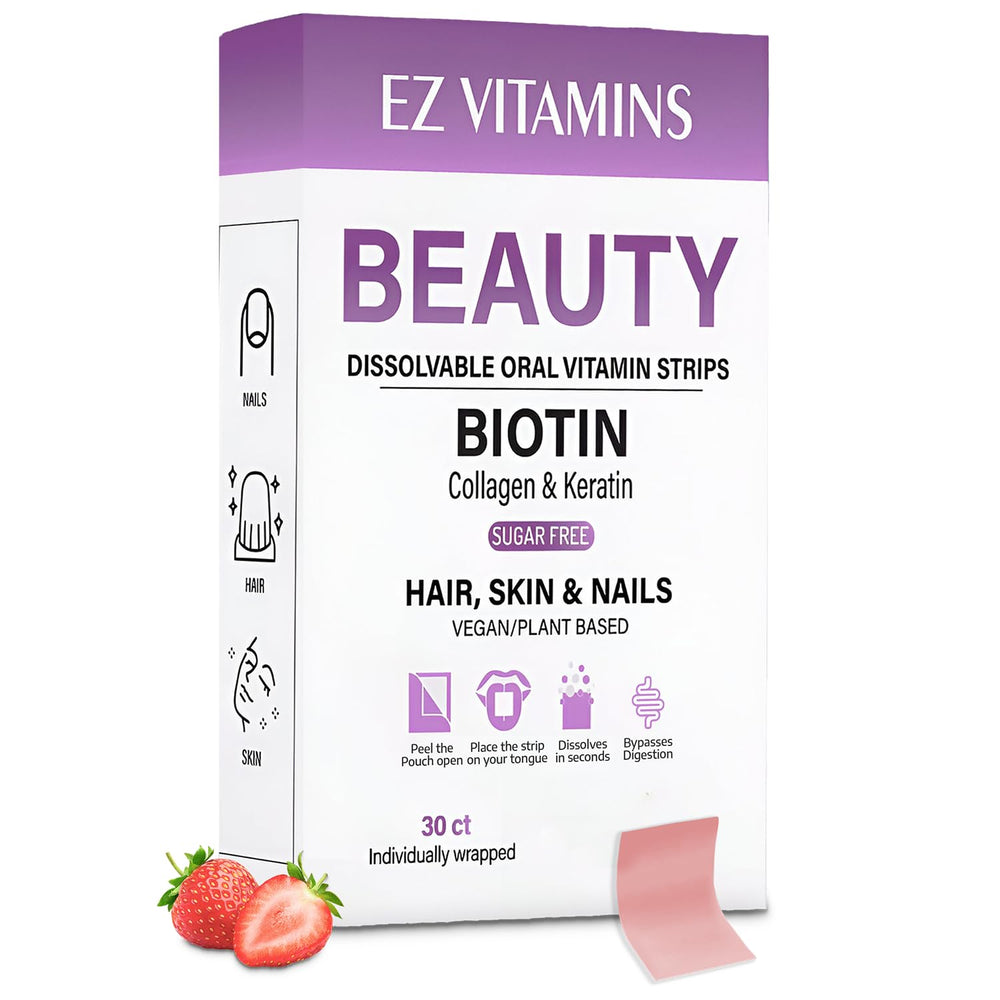 Front packaging of Oral Strips for hair, skin and nails with strawberry flavor