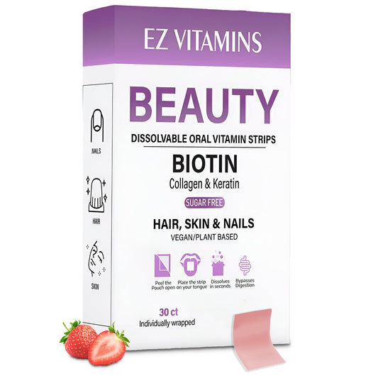 Front packaging of Oral Strips for hair, skin and nails with strawberry flavor