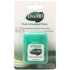 Close-up of OraMD unwaxed floss showing thin, shred-resistant nylon