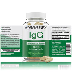 Oramune IgG 500mg immunoglobulin supplement bottle label