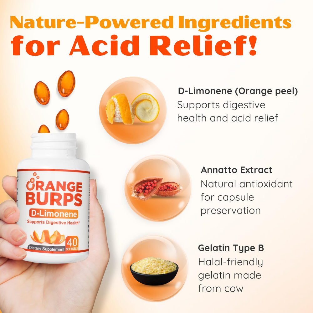 Orange Burps D-Limonene soft gels pour demonstrating quick access during reflux moments