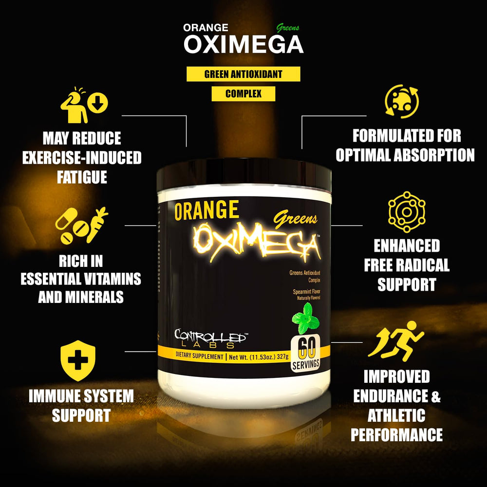 Back label of Orange Oximega Greens Spearmint packaging