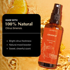 Close-up of spray bottle showing orange essential oil