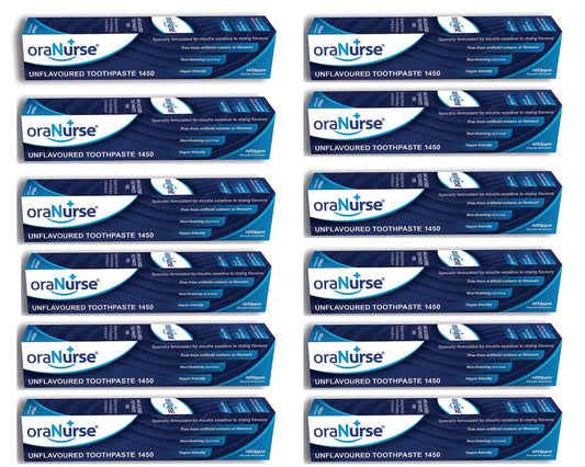 Oranurse 50ml unflavoured toothpaste tubes in 12-pack carton
