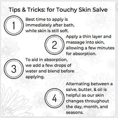 Touchy Skin Salve on dry winter skin creates a protective moisture barrier