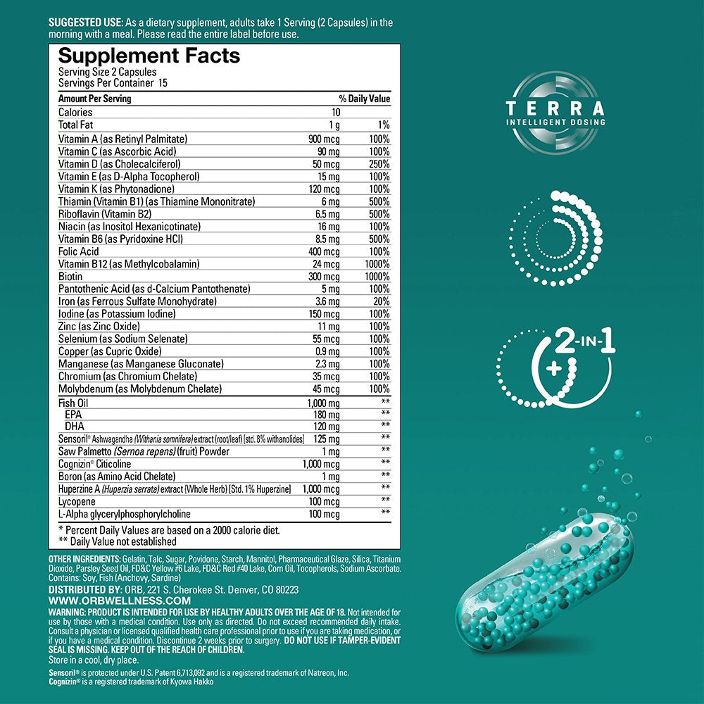 Label highlighting 21 essential vitamins and minerals