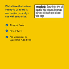 Label displaying full ingredient list: oregano oil, beeswax, sage oil, bay leaf oil, olive oil, black seed oil