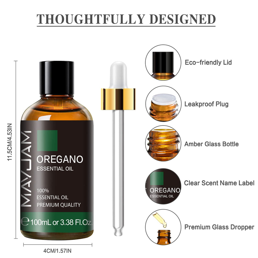 Close-up of oregano essential oil liquid in bottle