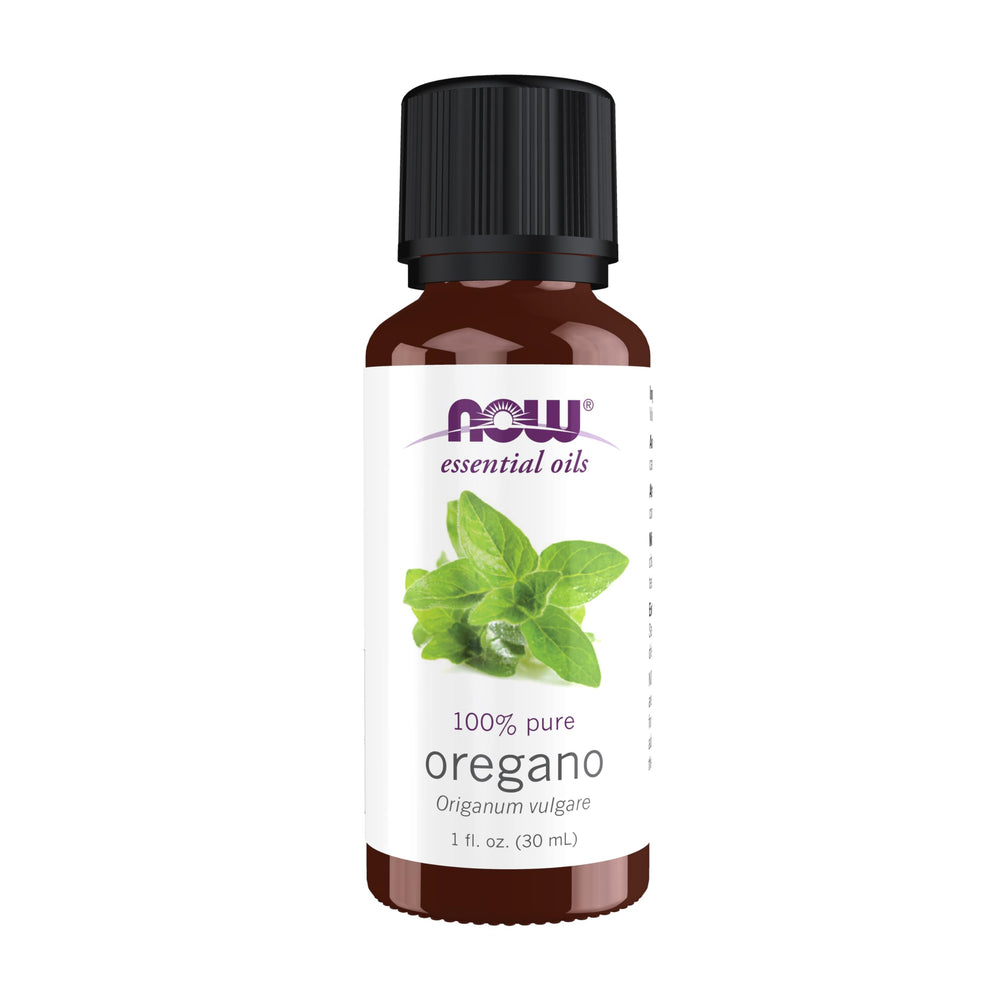 Bottle of oregano essential oil with label close-up