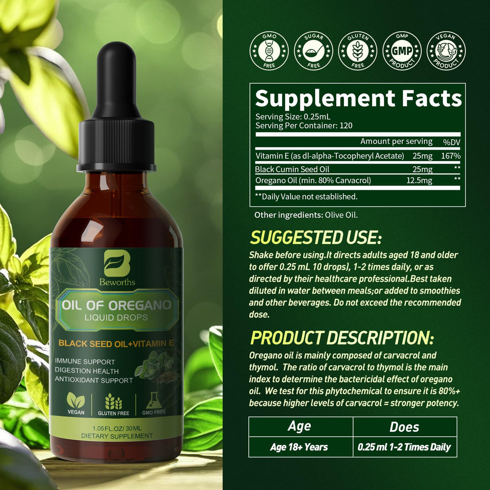 Blended formula of oregano oil, black seed oil, and vitamin E