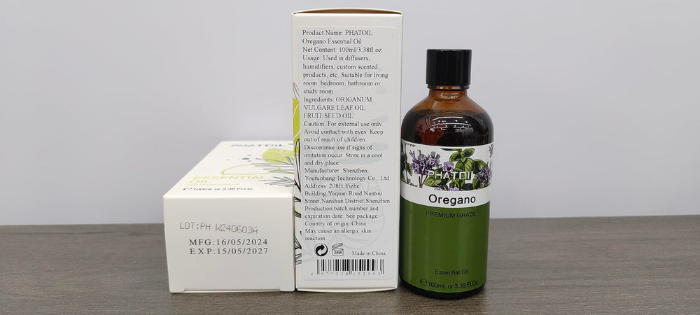 Label and dropper on oregano essential oil bottle