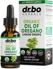 Bottle of oregano oil organic liquid drops 1 oz with dropper
