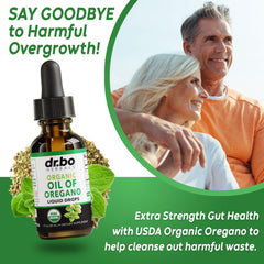 Illustration emphasizing digestive gut health with oregano oil drops