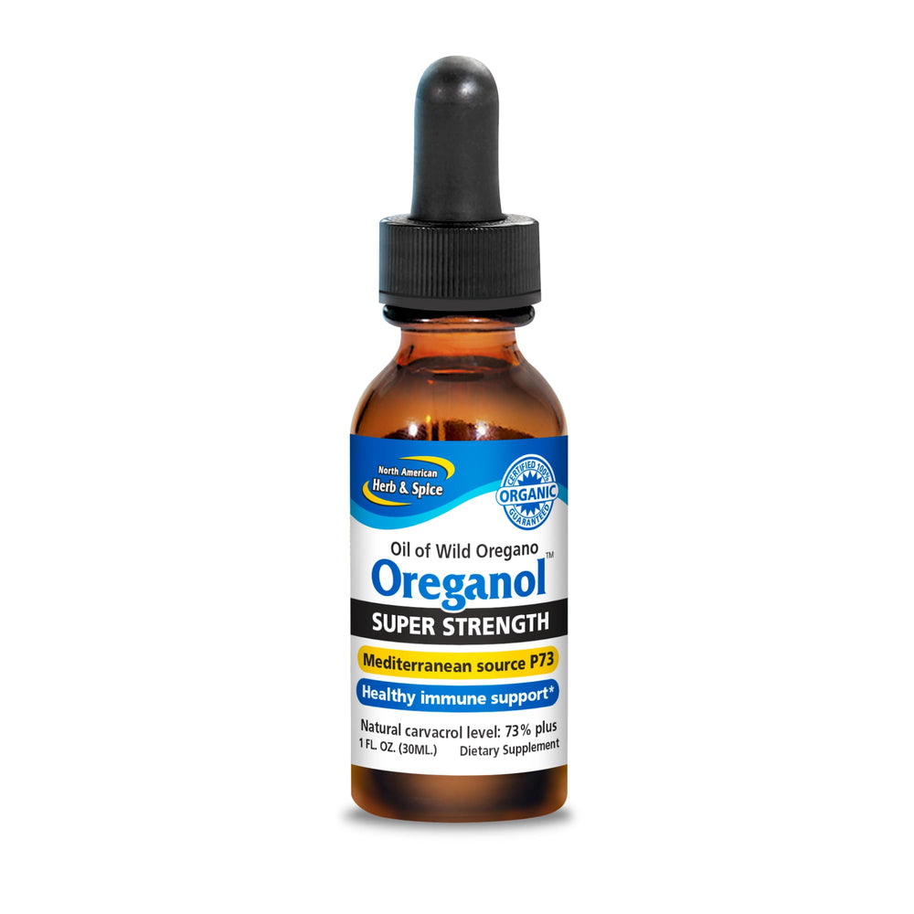 Front view of Oreganol P73 1 oz oregano oil bottle