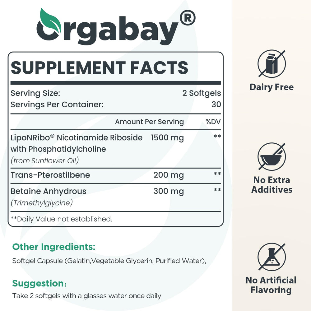 Close-up of nutrition facts panel on Orgabay NR liposomal bottle