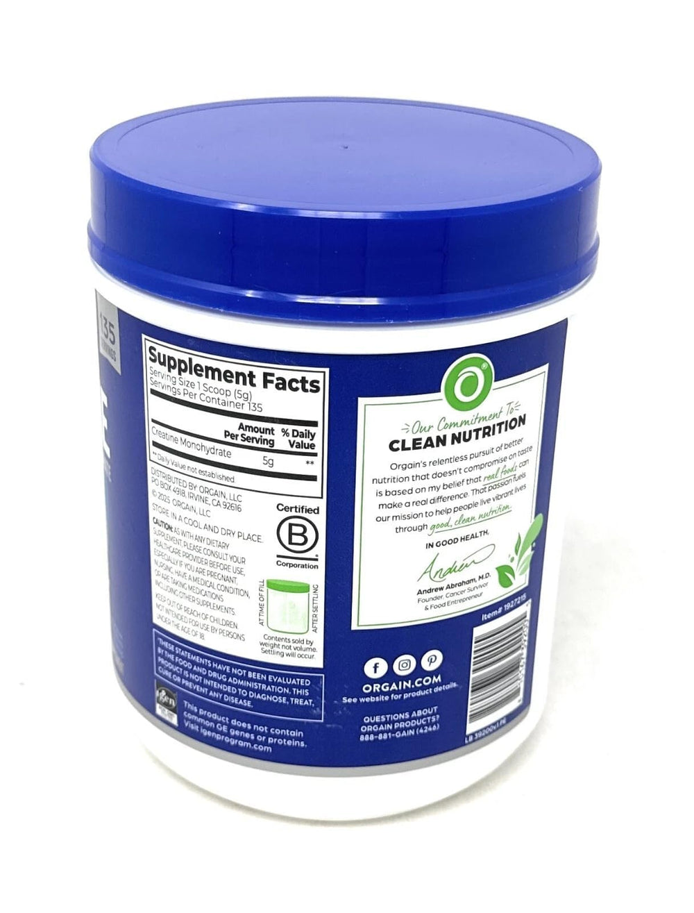 Nutrition facts panel of Orgain 5g creatine monohydrate