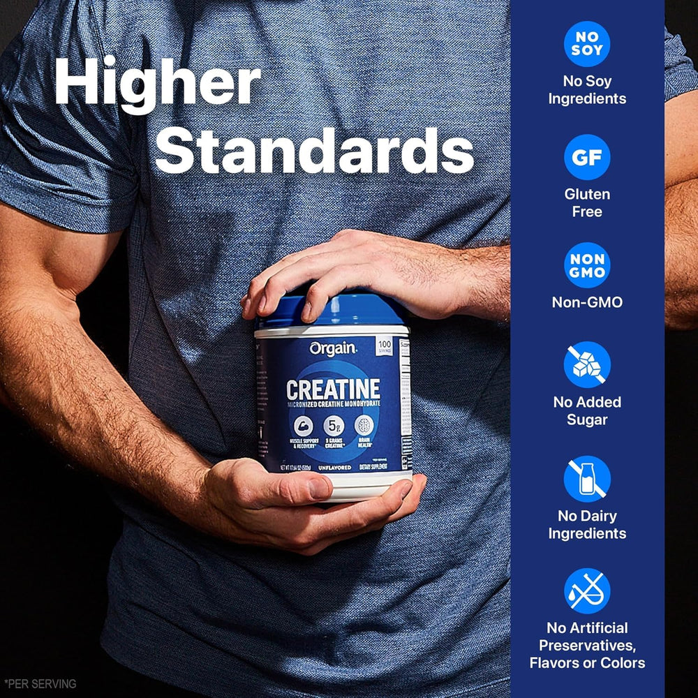 Orgain creatine monohydrate tub and packaging