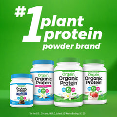 Orgain scoop beside label highlighting 10g collagen peptides per serving.