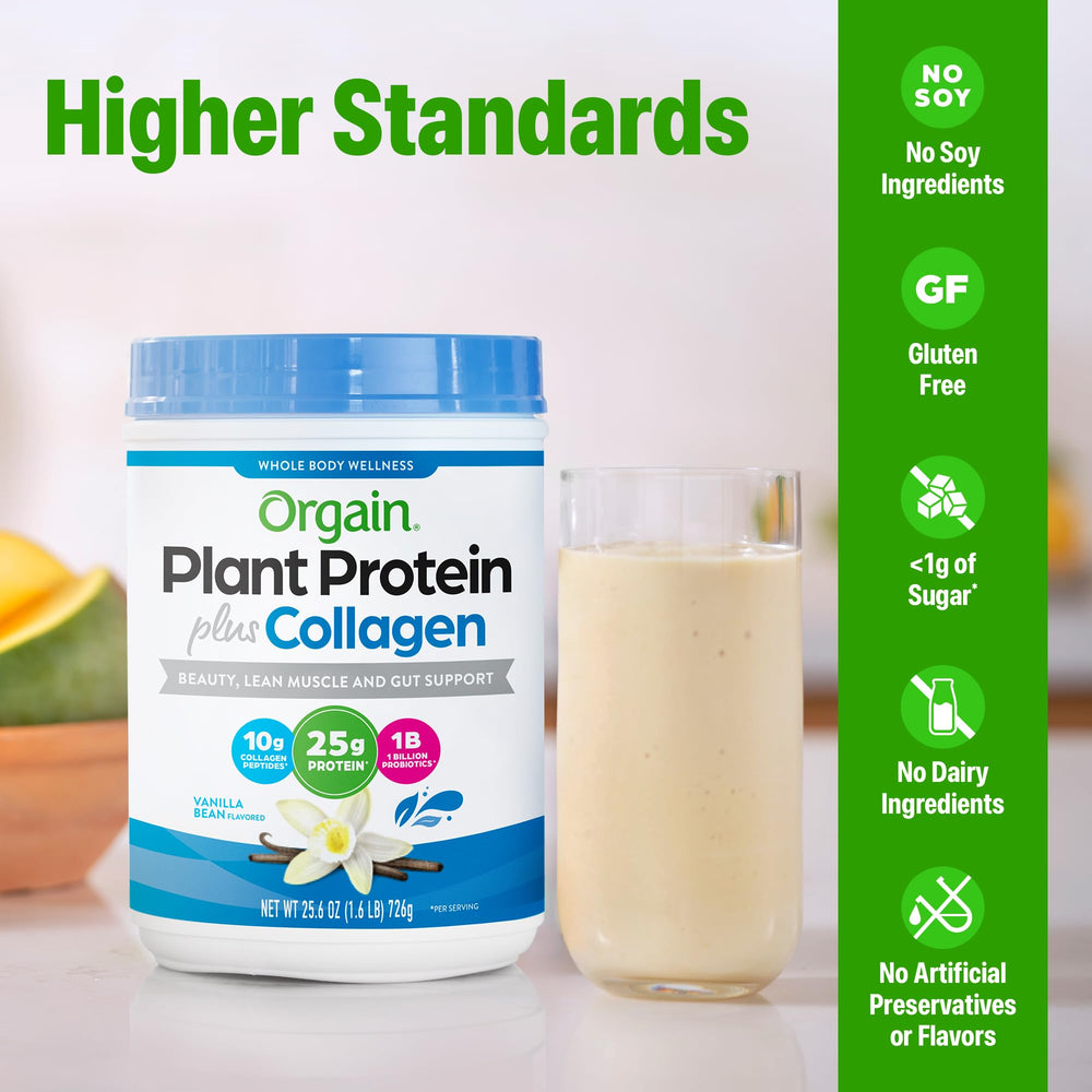 Orgain Vanilla Bean scoop beside glass of smoothie, ready for quick nutrition.