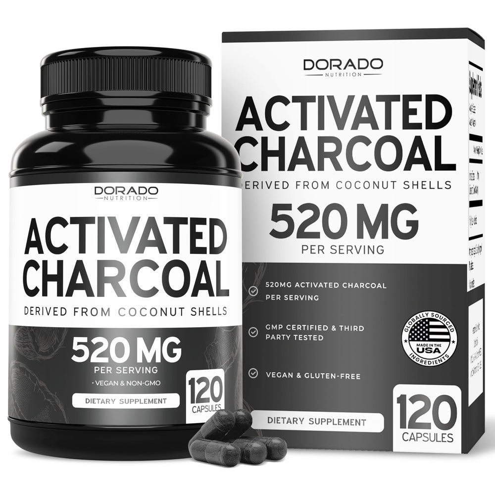 Bottle of Organic Activated Charcoal Pills – 120 capsules, USA made